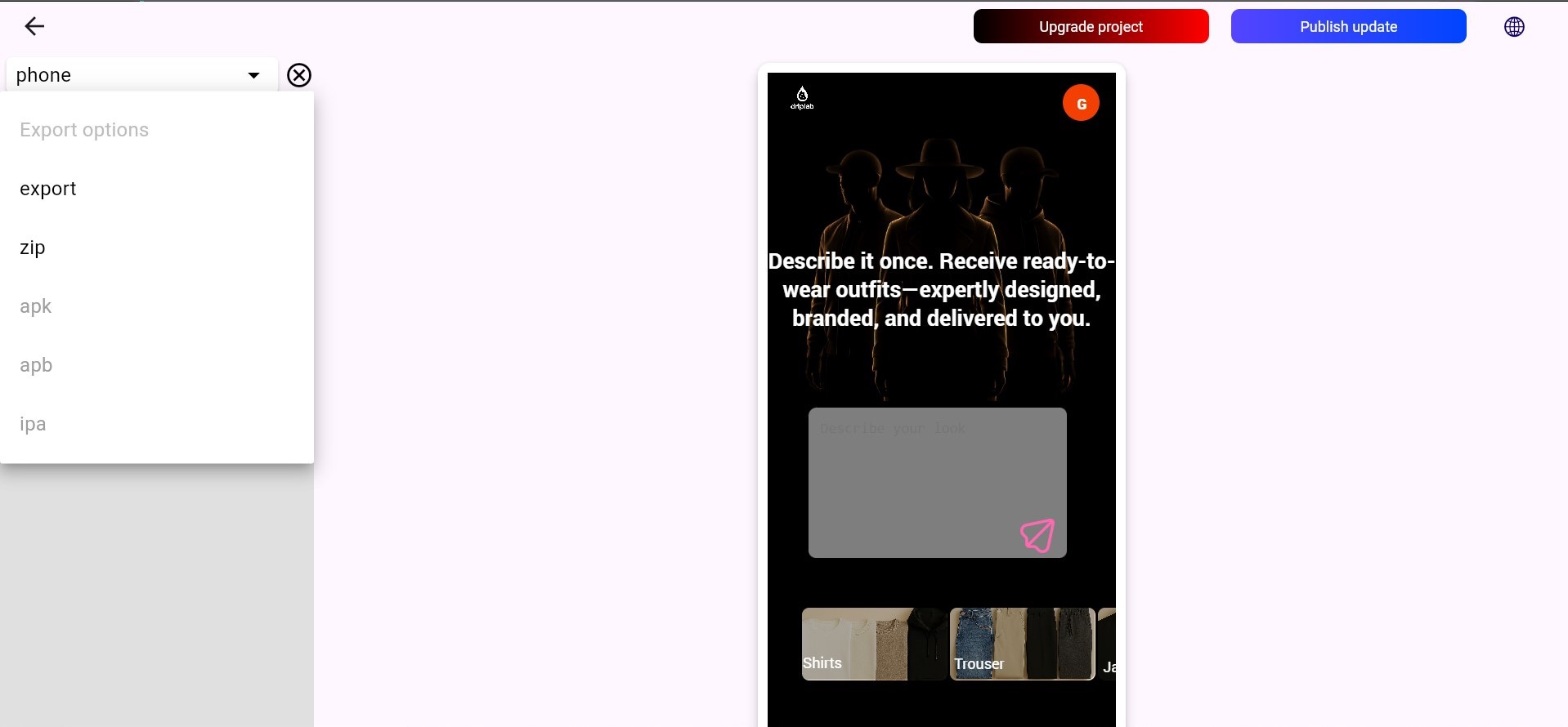 OMIA web preview with export options open